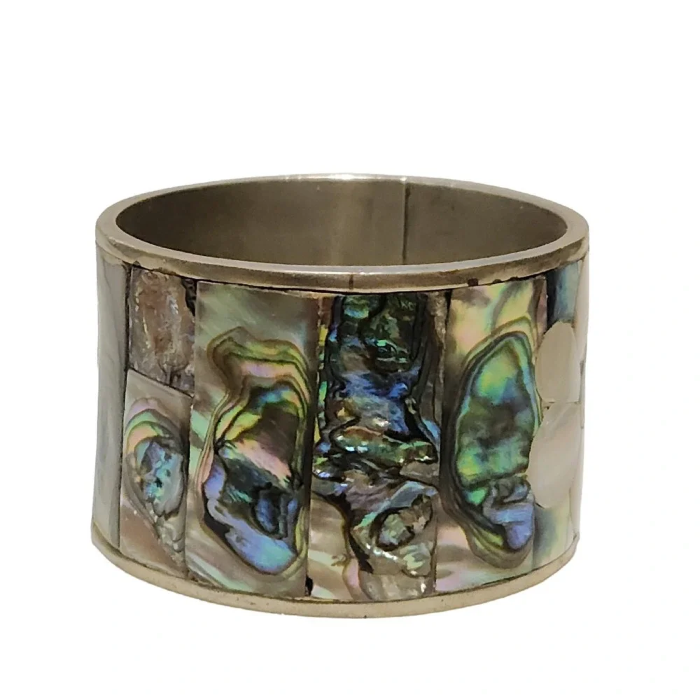 VINTAGE ABALONE Flowers MOTHER OF PEARL NAPKIN RING SET‎ 6 Silver Mexico